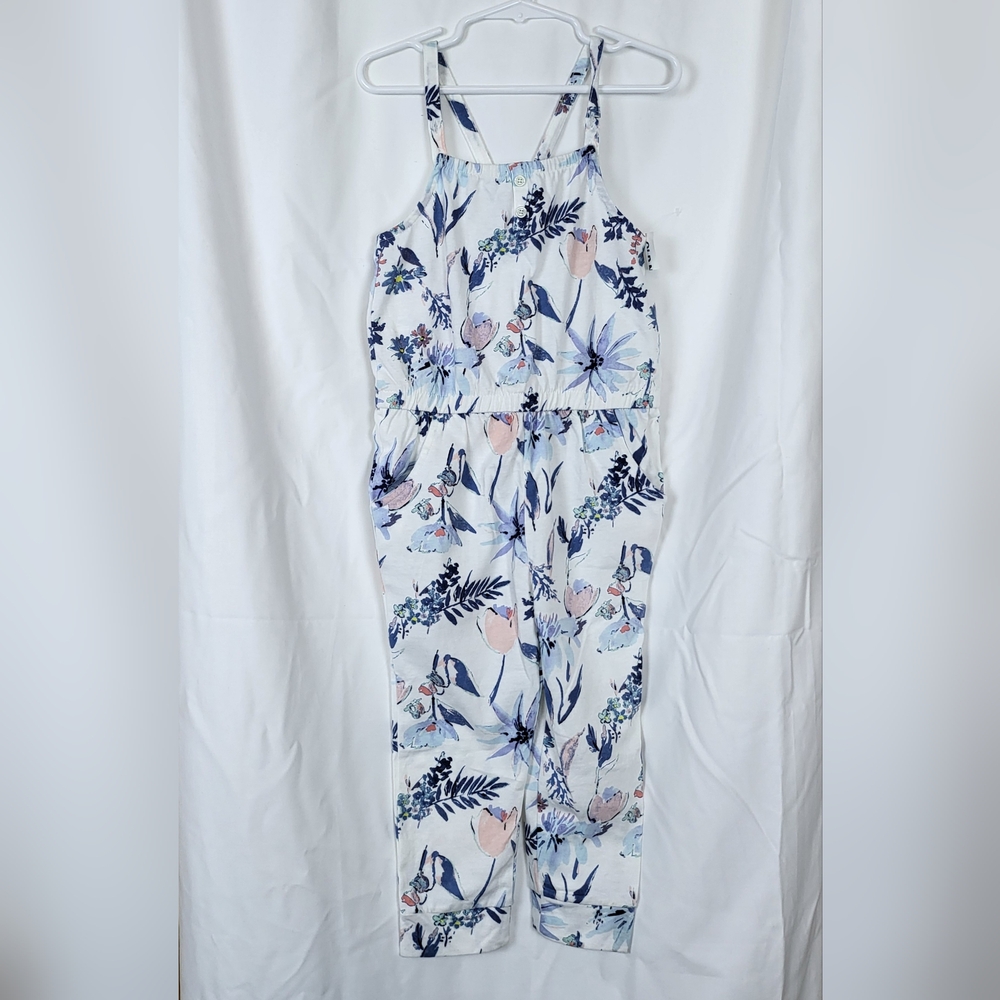 Old Navy Girls White Blue Pink Floral Print Sleeveless Jersey Jumpsuit 5T/5A New